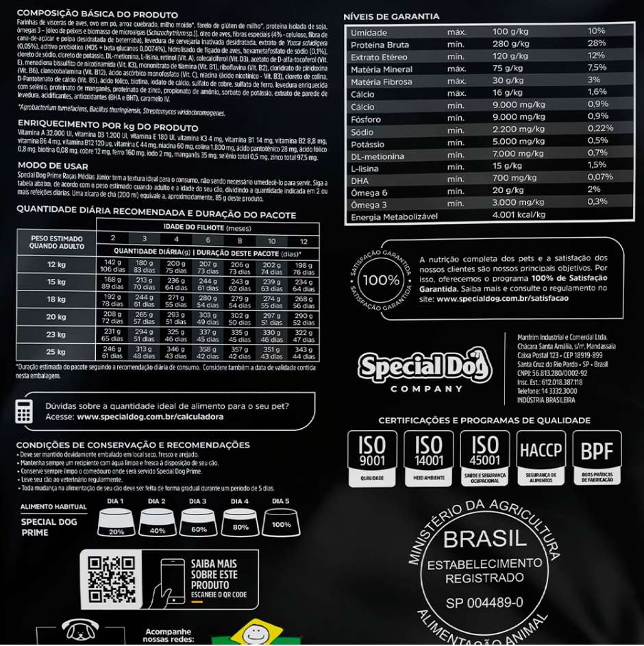 Ração Special Dog Prime Júnior para Cães Filhotes de Raças Médias - 20Kg
