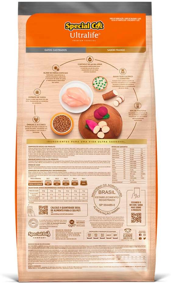 Ração Seca Special Cat Ultralife Frango e Arroz para Gatos Castrados - 10,1Kg