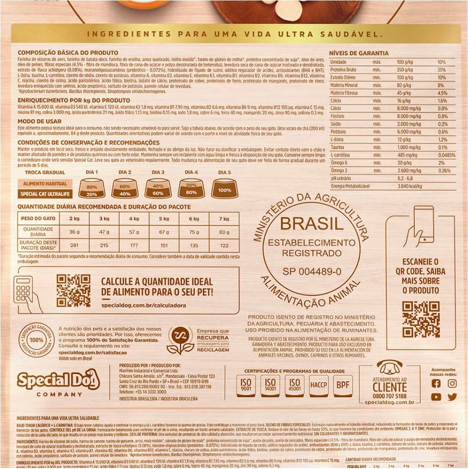 Ração Seca Special Cat Ultralife Frango e Arroz para Gatos Castrados - 10,1Kg