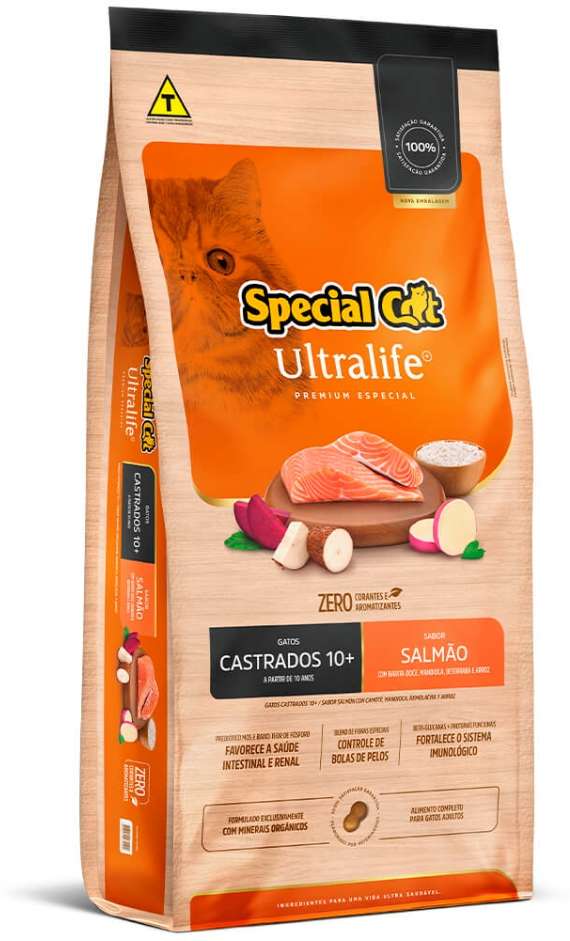 Ração Seca Special Cat Ultralife Salmão e Arroz para Gatos Castrados 10+ - 10,1Kg