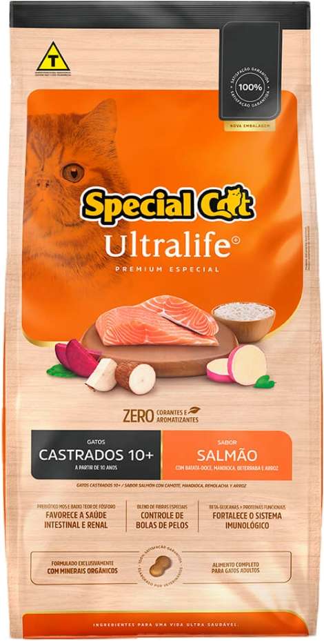 Ração Seca Special Cat Ultralife Salmão e Arroz para Gatos Castrados 10+ - 10,1Kg