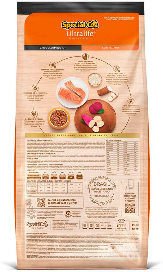 Ração Seca Special Cat Ultralife Salmão e Arroz para Gatos Castrados 10+ - 10,1Kg