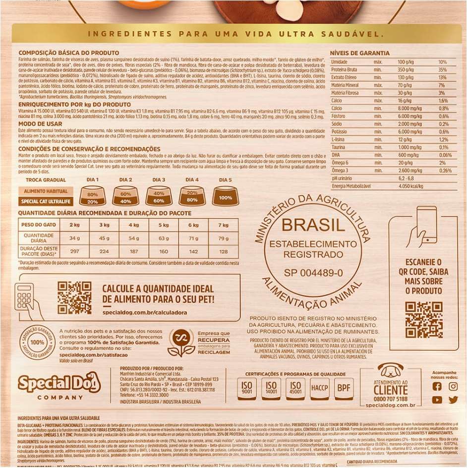 Ração Seca Special Cat Ultralife Salmão e Arroz para Gatos Castrados 10+ - 10,1Kg
