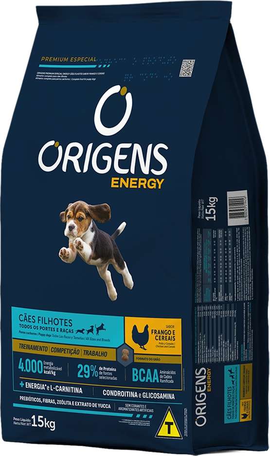 Ração Seca Origens Energy Frango e Cereais para Cães Filhotes - 15Kg