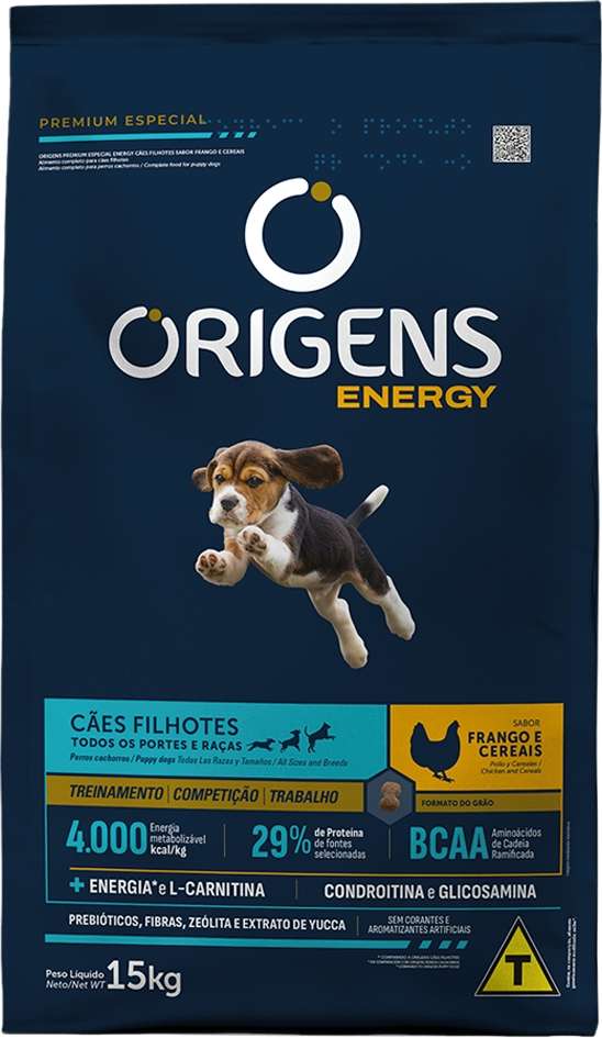 Ração Seca Origens Energy Frango e Cereais para Cães Filhotes - 15Kg