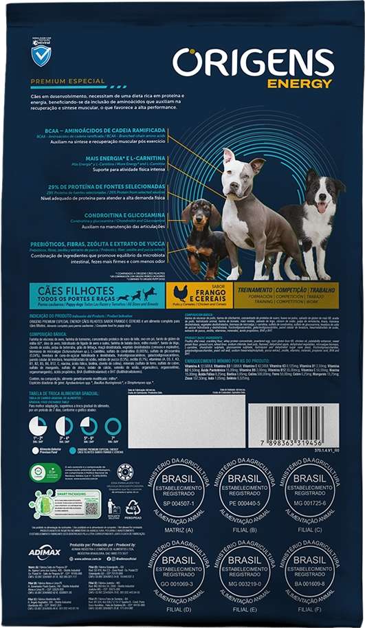 Ração Seca Origens Energy Frango e Cereais para Cães Filhotes - 15Kg