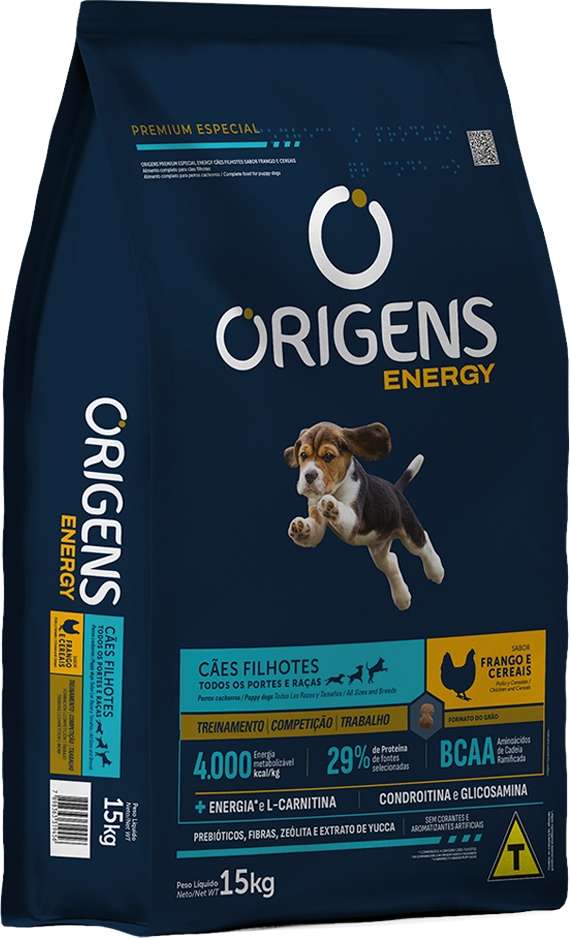 Ração Seca Origens Energy Frango e Cereais para Cães Filhotes - 15Kg