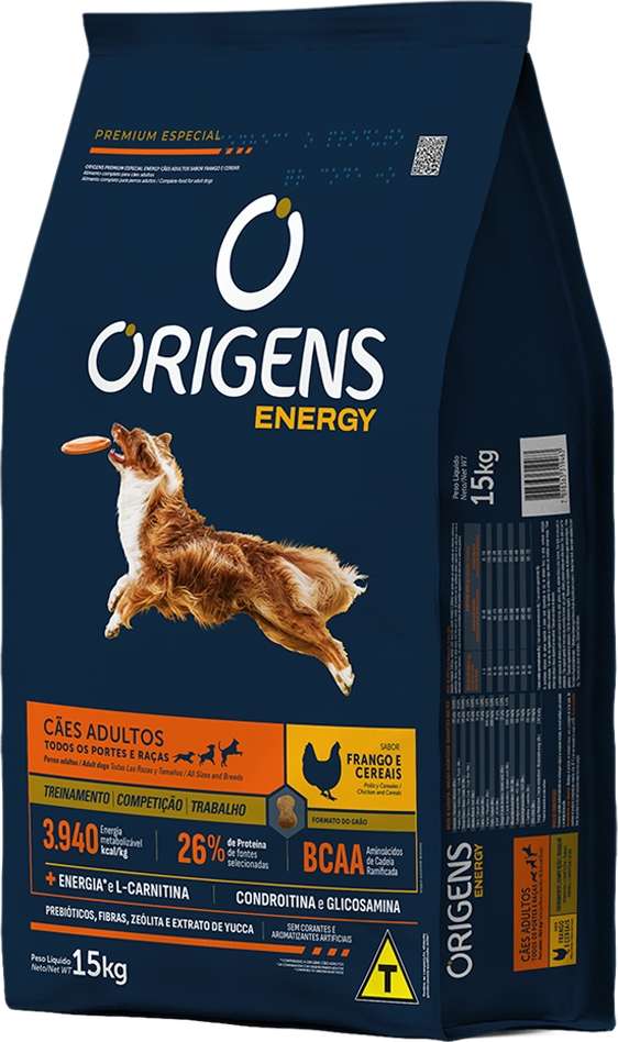 Ração Seca Origens Energy Frango e Cereais para Cães Adultos - 15Kg