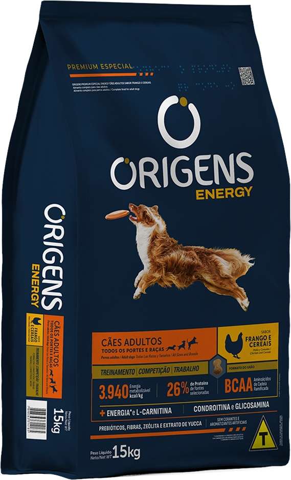 Ração Seca Origens Energy Frango e Cereais para Cães Adultos - 15Kg