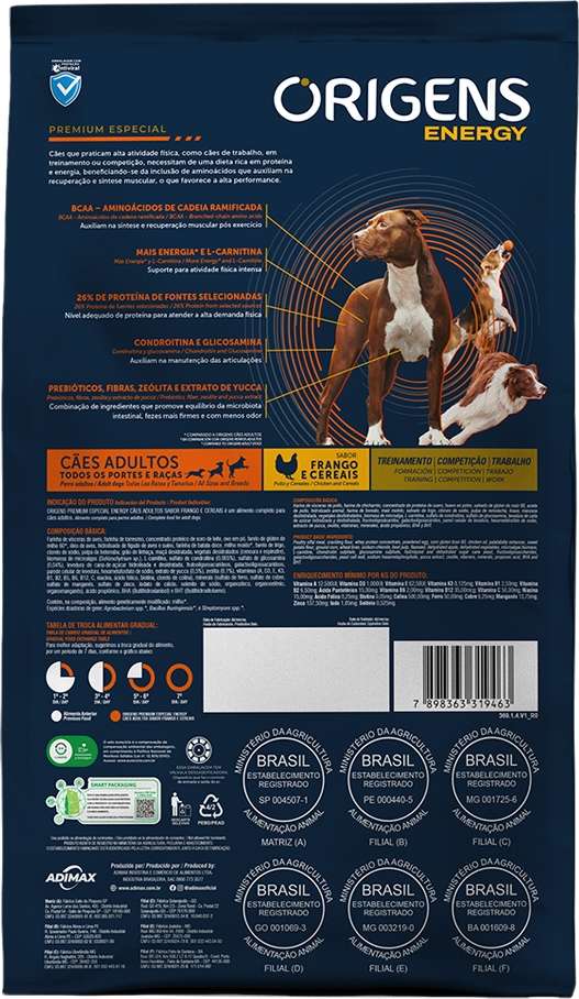 Ração Seca Origens Energy Frango e Cereais para Cães Adultos - 15Kg