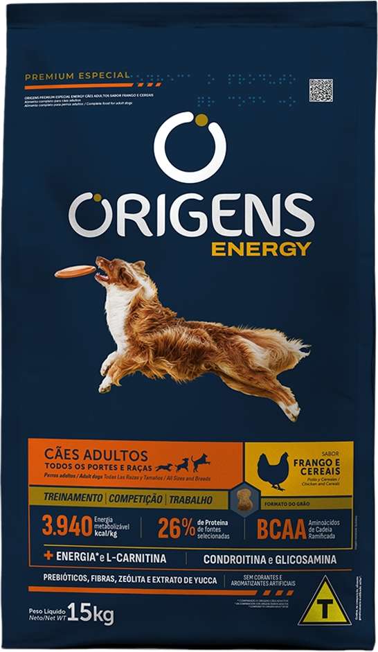 Ração Seca Origens Energy Frango e Cereais para Cães Adultos - 15Kg