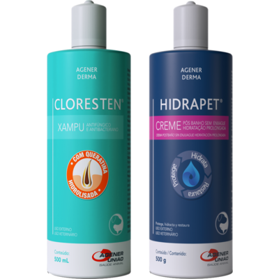 Kit Agener União Shampoo Cloresten Antifúngico e Antibacteriano e Creme Hidratante Hidrapet