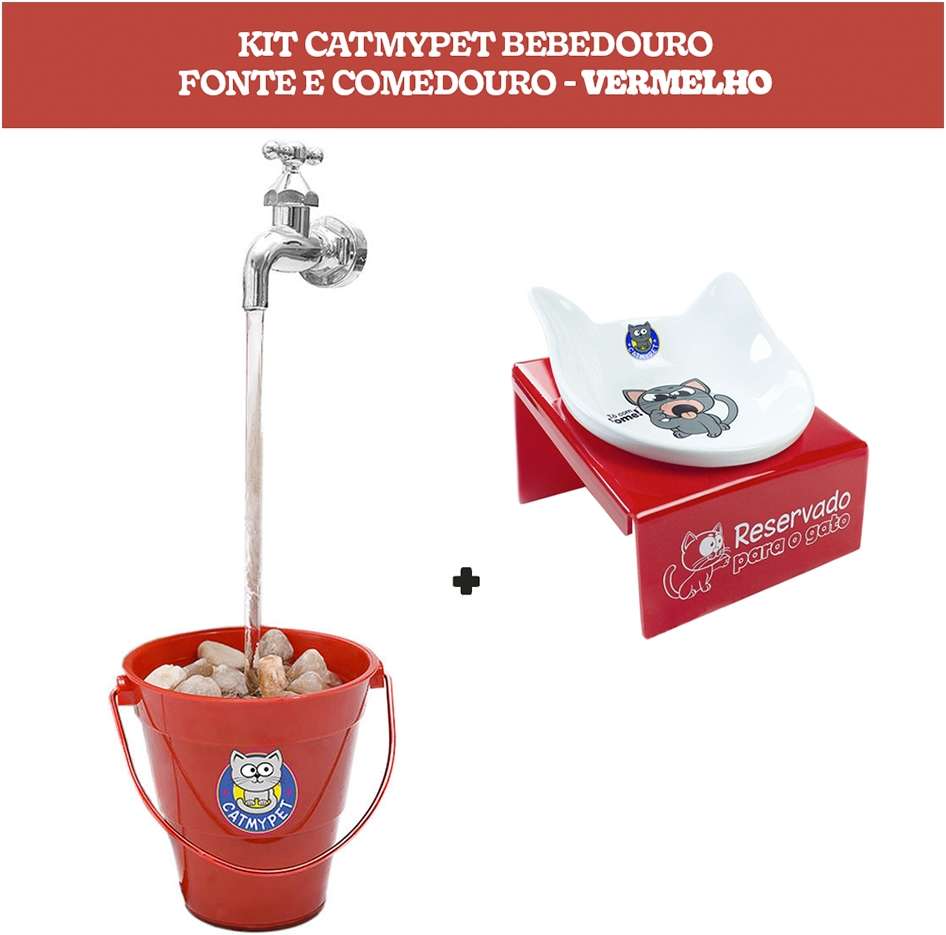 Kit Catmypet Bebedouro Fonte e Comedouro Vermelho - KIT