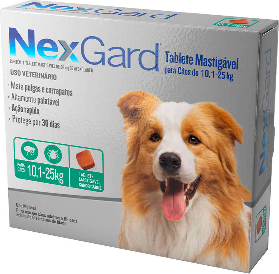 Antipulgas e Carrapatos NexGard 68 mg para Cães de 10,1 a 25Kg - 1 Comprimido