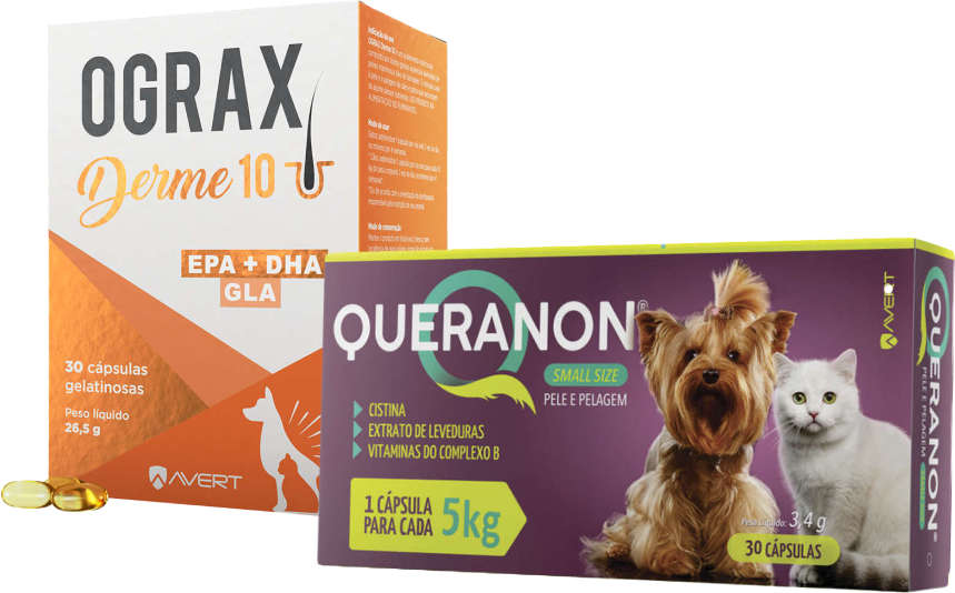 Kit Suplemento Alimentar Avert Ograx Derme 10 e Queranon Small Size para Cães e Gatos- 30 Cápsulas + 30 Cápsulas