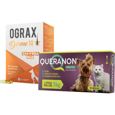 Kit Suplemento Alimentar Avert Ograx Derme 10 e Queranon Small Size para Cães e Gatos- 30 Cápsulas + 30 Cápsulas