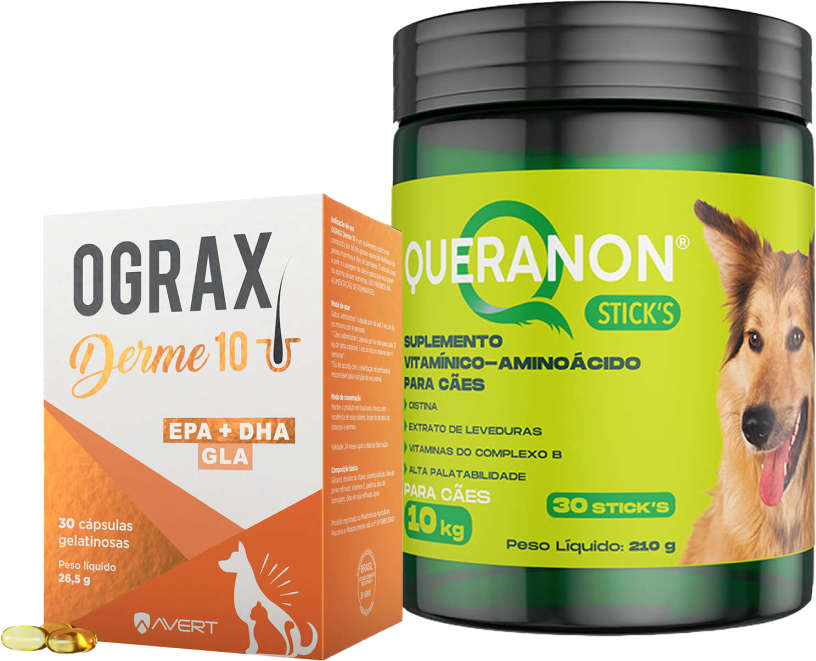 Kit Avert Suplemento Ograx Derme 10 e Suplemento Vitamínico Aminoácido Queranon Stick's - 30 Cápsulas + 30 Sticks