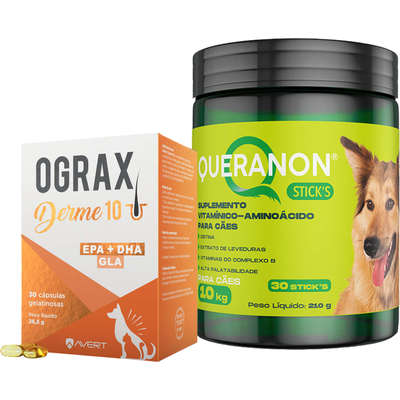Kit Avert Suplemento Ograx Derme 10 e Suplemento Vitamínico Aminoácido Queranon Stick's - 30 Cápsulas + 30 Sticks