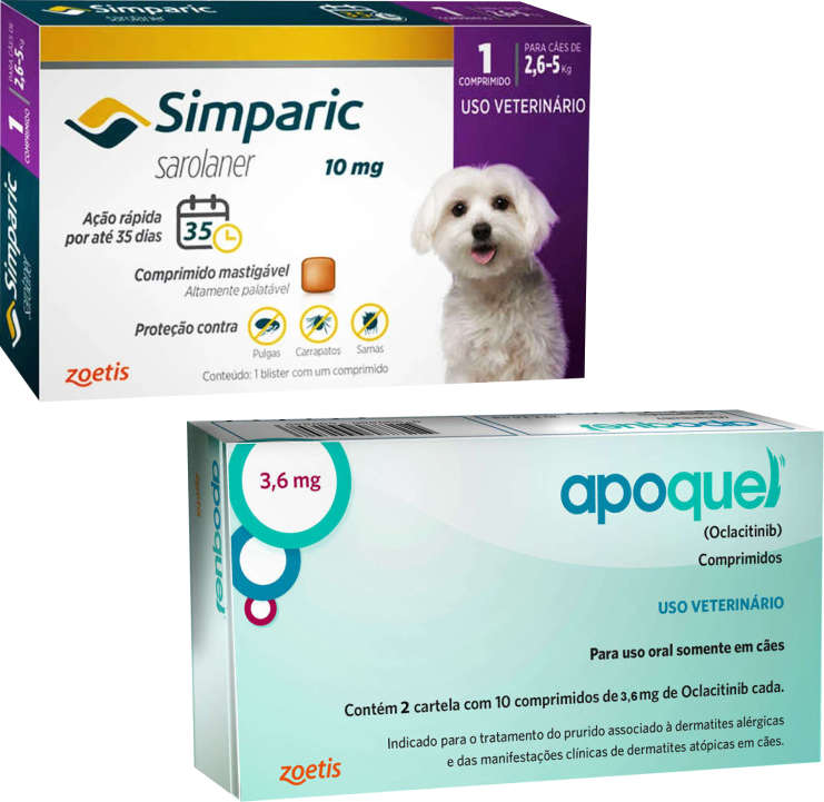 Kit Zoetis Antipulgas Simparic 10 mg e Apoquel Dermatológico 3,6 mg - KIT