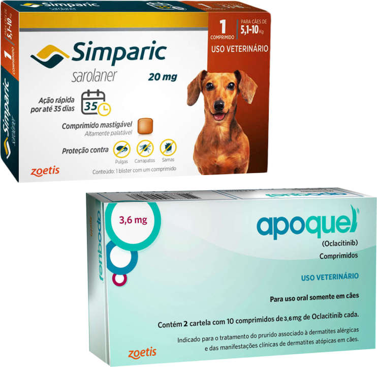 Kit Zoetis Antipulgas Simparic 20 mg e Apoquel Dermatológico 3,6 mg - KIT
