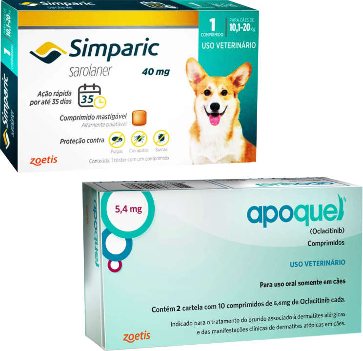 Kit Zoetis Antipulgas Simparic 40 mg e Apoquel Dermatológico 5,4 mg - KIT