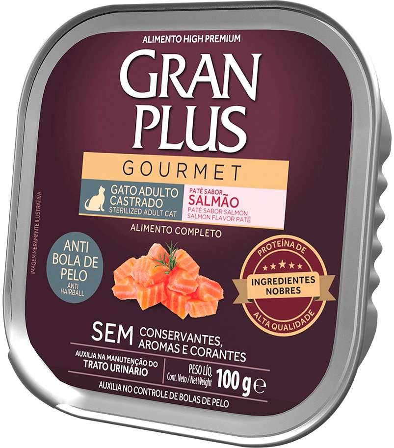 Ração Úmida GranPlus Gourmet Patê Anti Bolas de Pelo Salmão para Gatos Adultos Castrados - 100 g