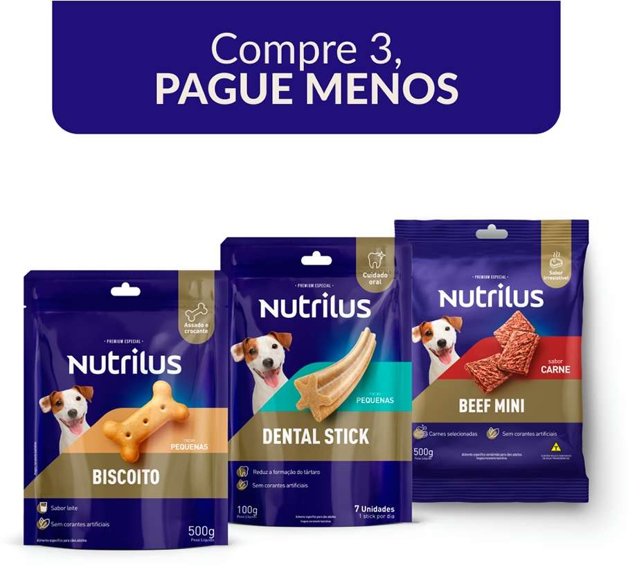 Kit Nutrilus Biscoito, Dental Stick e Bifinho Mini para Cães Adultos Porte Pequeno - 500 g + 100 g + 500 g