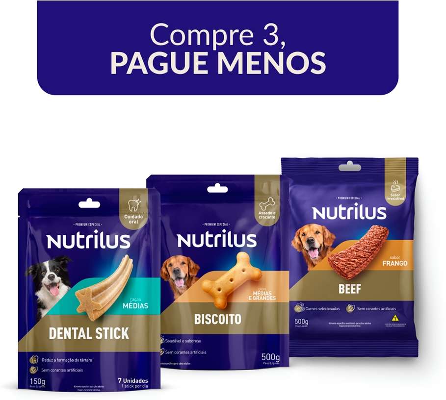 Kit Nutrilus Petisco Dental Stick, Biscoito e Bifinho Sabor Frango para Cães Adultos - 150 g + 500 g + 500 g