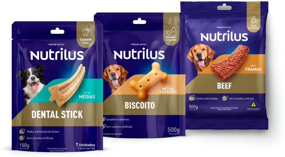 Kit Nutrilus Petisco Dental Stick, Biscoito e Bifinho Sabor Frango para Cães Adultos - 150 g + 500 g + 500 g