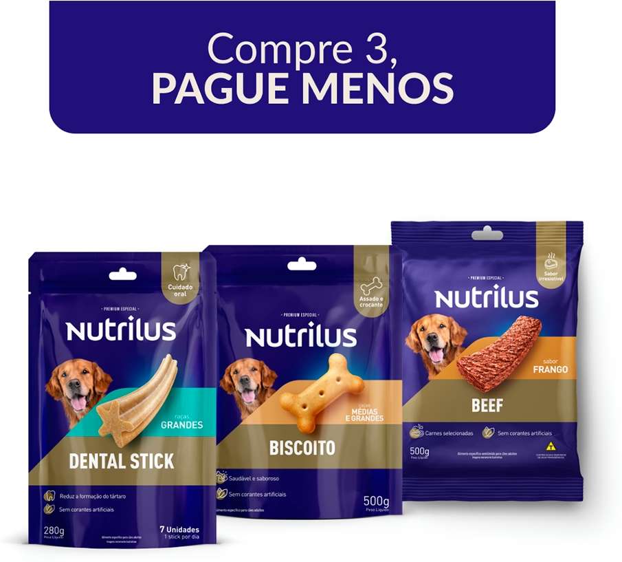 Kit Nutrilus Dental Stick, Biscoito e Bifinho para Cães Adultos Porte Grande - 280 g + 500 g + 500 g