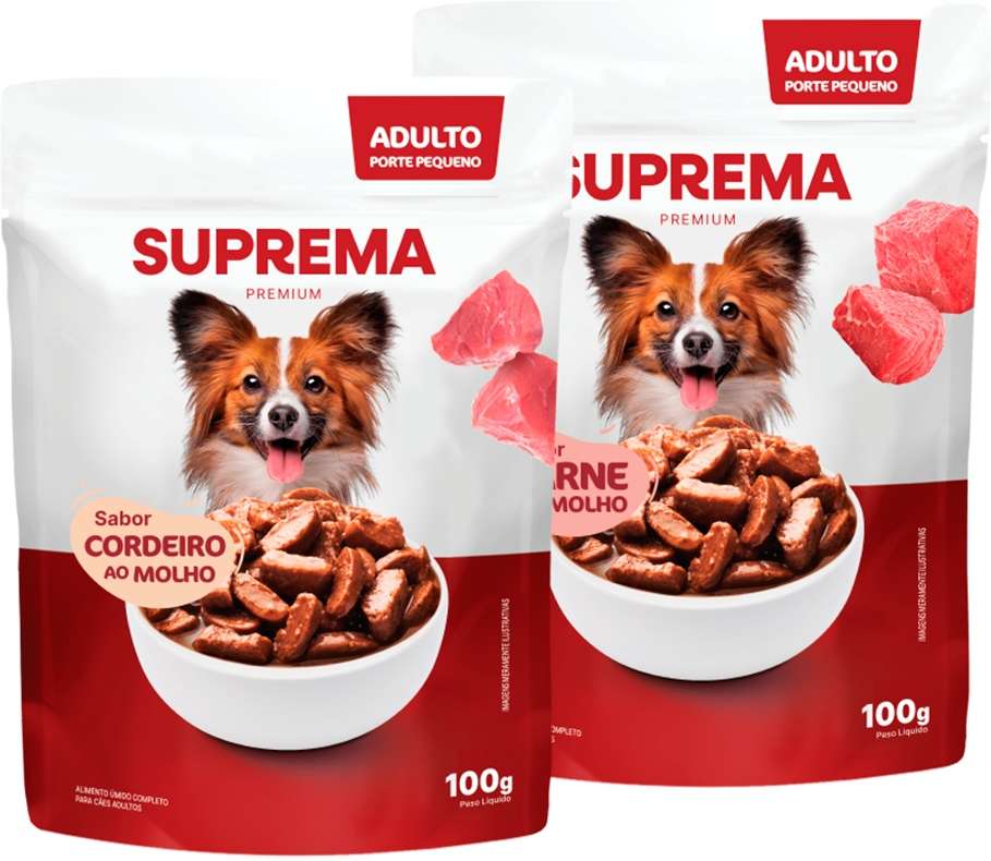 Kit Suprema Ração Úmida Sabor Carne ao Molho e Cordeiro ao Molho para Cães Adultos - 200 g (2 Sachês 100 g)