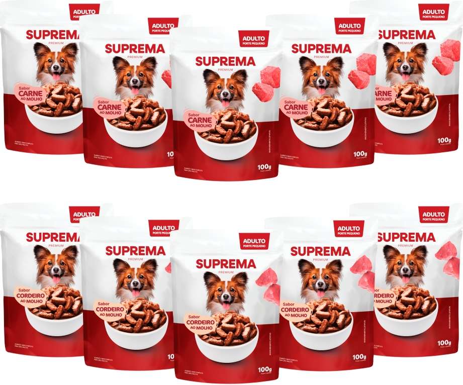 Kit Suprema Ração Úmida Sabor Carne ao Molho e Cordeiro ao Molho para Cães Adultos 1Kg (10 Sachês 100 g) - 1Kg (10 Pacotes 100 g)