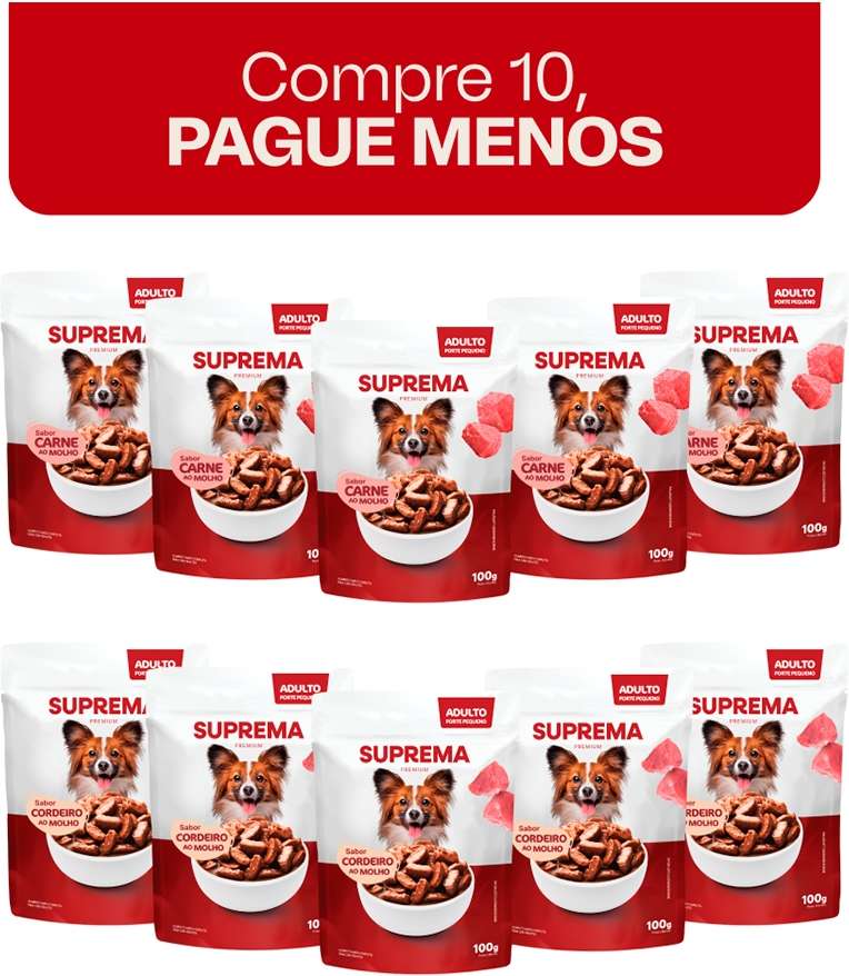 Kit Suprema Ração Úmida Sabor Carne ao Molho e Cordeiro ao Molho para Cães Adultos 1Kg (10 Sachês 100 g) - 1Kg (10 Pacotes 100 g)