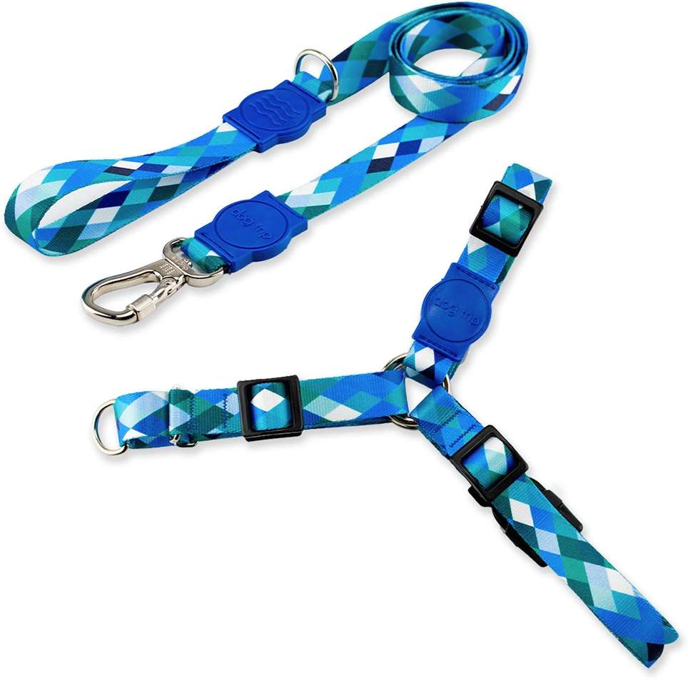 Kit Guia Premium + Peitoral Antipuxão Dog Trip Brasil Quadriculada Azul para Cães - Tam. G