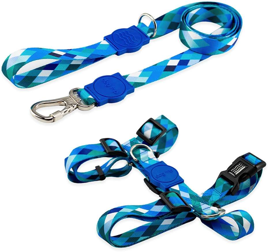 Kit Guia Premium + Peitoral H Dog Trip Brasil Quadriculada Azul para Cães - Tam. G