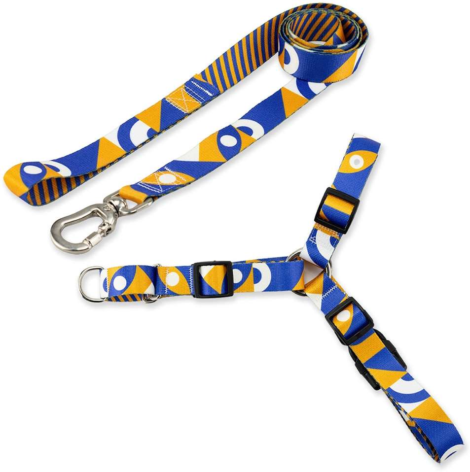 Kit Guia + Peitoral Antipuxão Basic Pet Amarelo e Azul Moss para Cães - Tam. P