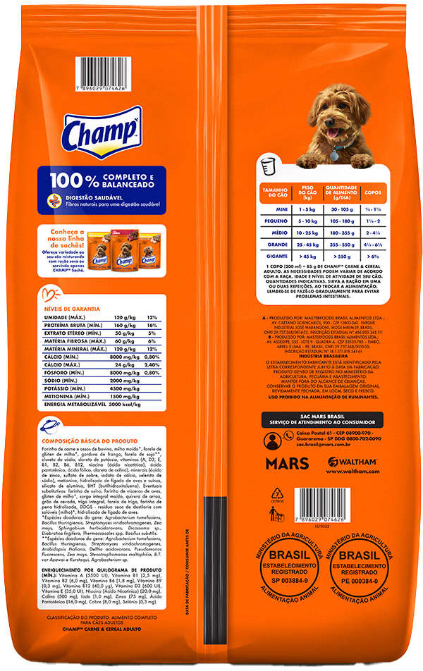 Ração Champ Carne e Cereais para Cães Adultos - 15Kg