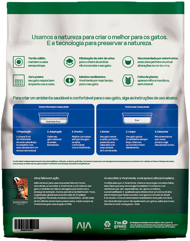 Areia Higiênica Viva Verde Grãos Finos para Gatos - 4Kg