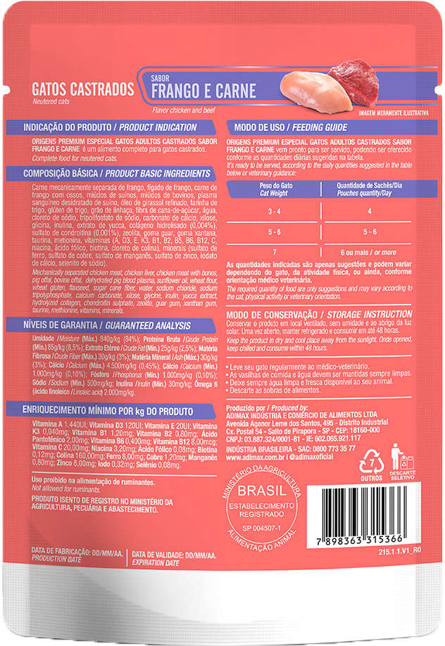 Ração Úmida Origens Frango e Carne para Gatos Castrados - 85 g