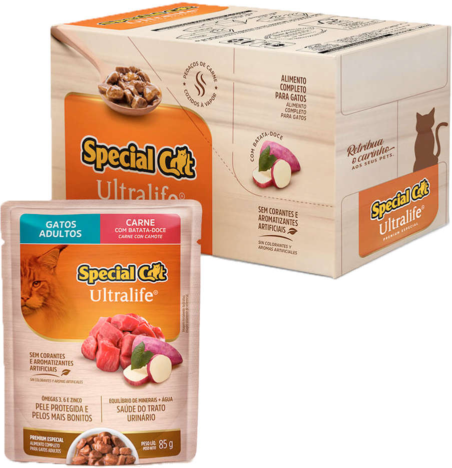 Kit Ração Úmida Special Cat Sachê Carne para Gatos Adultos - 12 Unidades