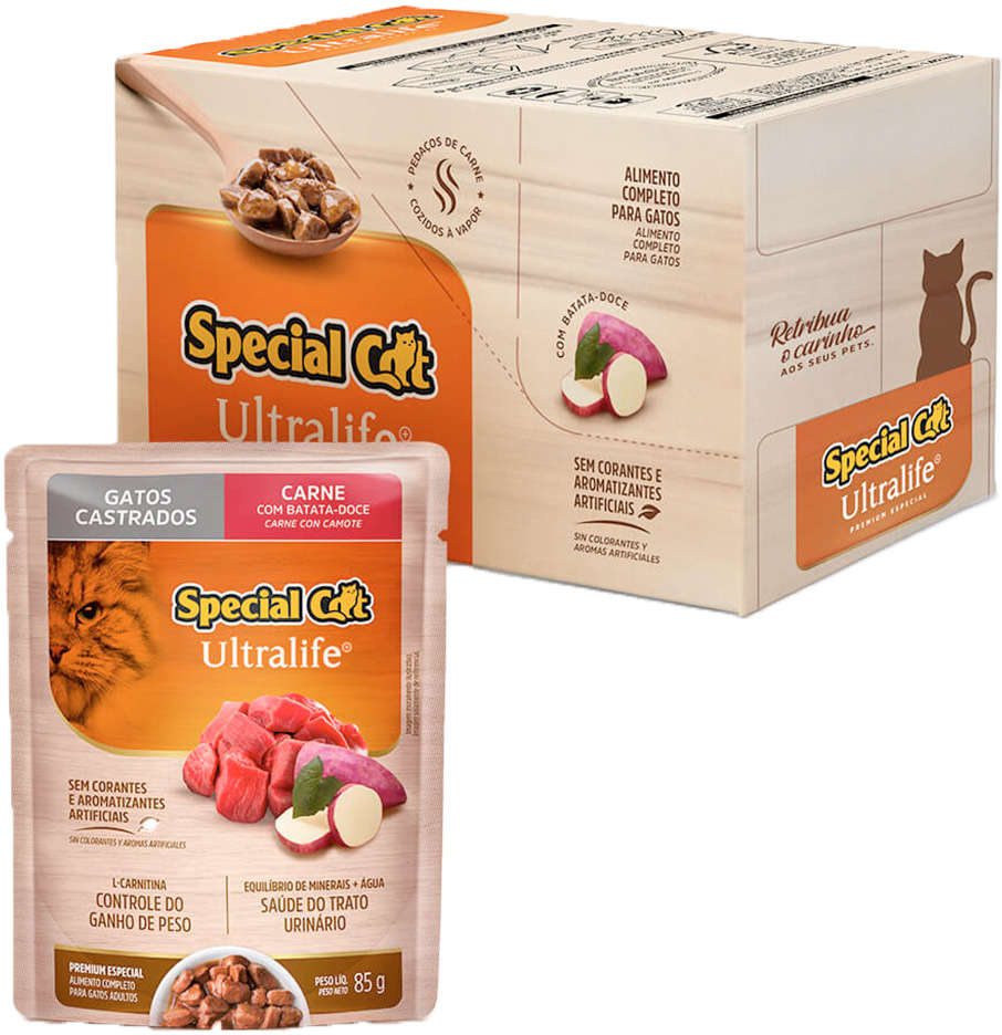 Kit Ração Úmida Special Cat Sachê Carne para Gatos Castrados - 12 Unidades