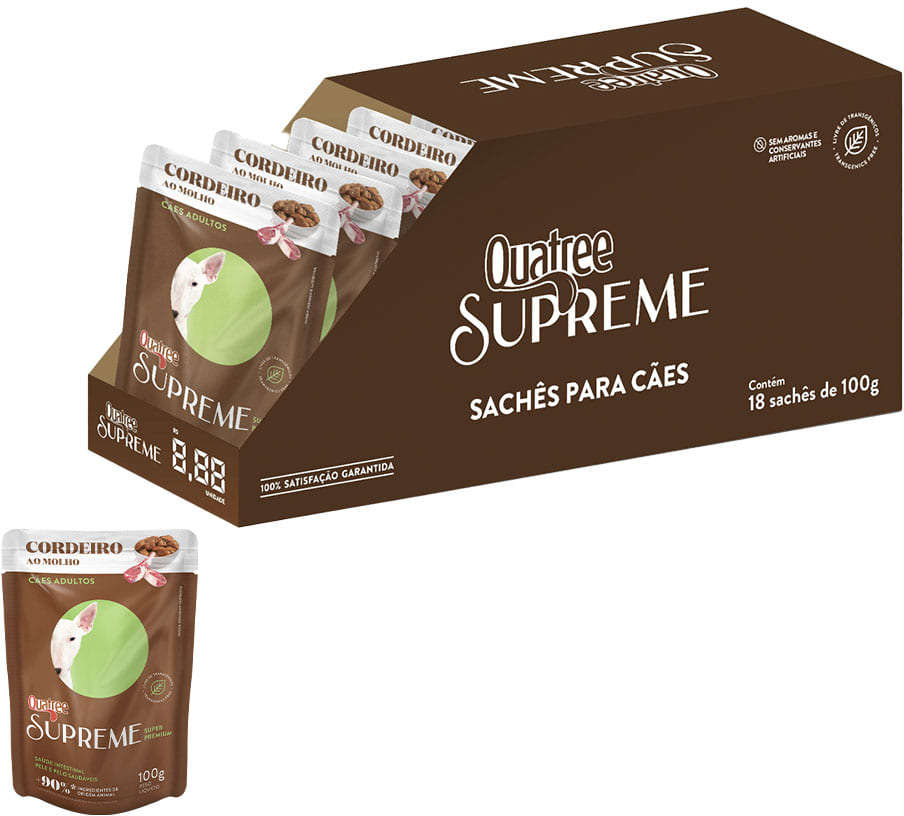 Kit Ração Úmida Quatree Supreme Cordeiro para Cães Adultos - 36 Unidades