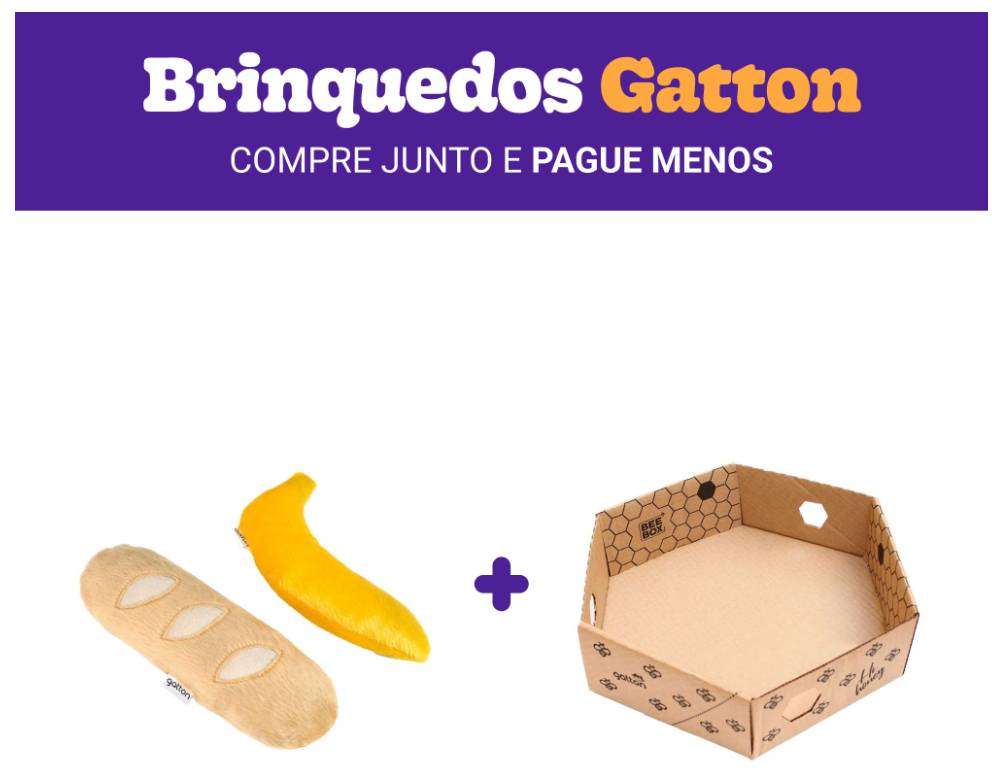 Kit Brinquedos Gaton CatFood Big Baguete e Banana Pelúcia com Catnip +Caixa Hexagonal de Papelão - KIT