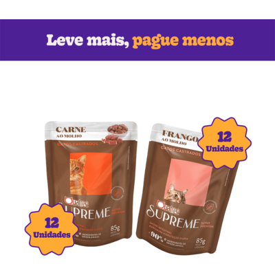 Kit Ração Úmida Quatree Supreme Carne e Frango para Gatos Castrados - 24 Unidades
