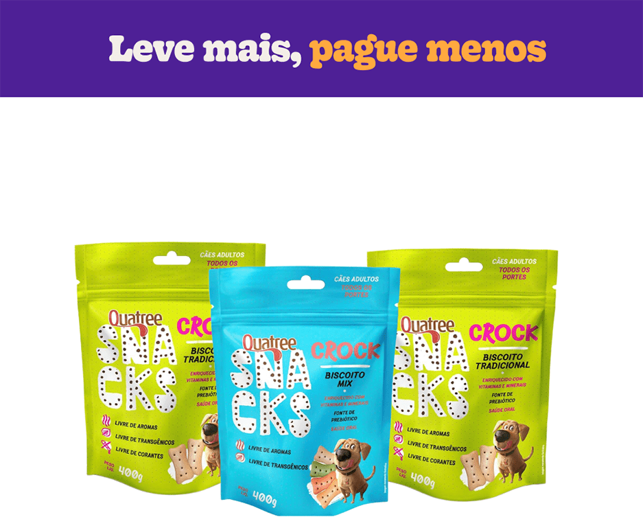 Kit Biscoito Quatree Snacks Crock para Cães Adultos Sabor Mix e Tradicional - 3 Unidades