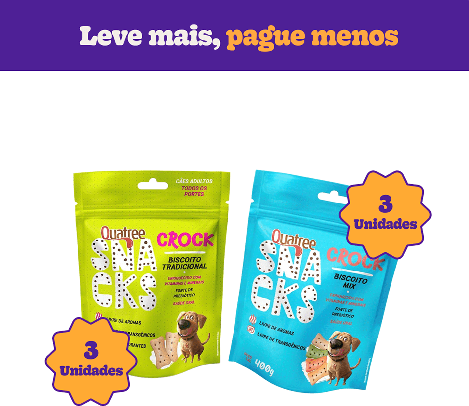 Kit Biscoito Quatree Snacks Crock para Cães Adultos Sabor Mix e Tradicional - 6 Unidades