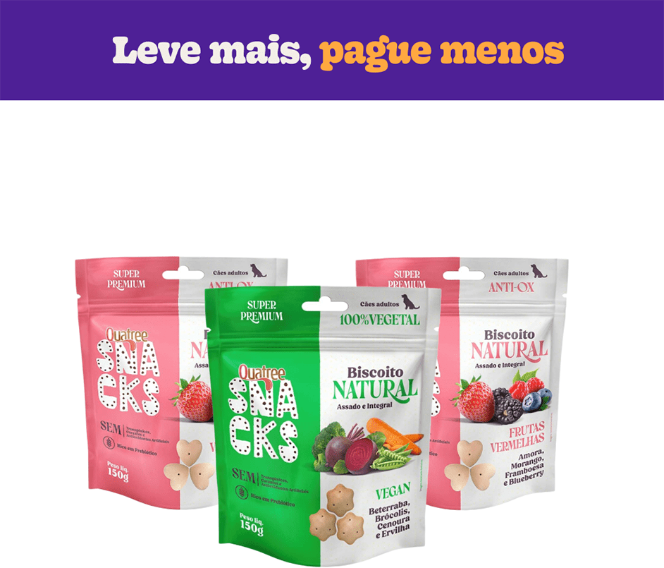 Kit Biscoito Natural Quatree Snacks para Cães Adultos Sabor Vegan e Frutas Vermelhas - 3 Unidades