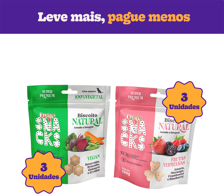 Kit Biscoito Natural Quatree Snacks para Cães Adultos Sabor Vegan e Frutas Vermelhas - 6 Unidades