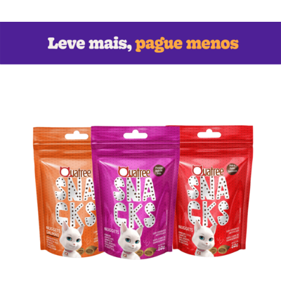 Kit Snack Quatree para Gatos Adultos Sabor Salmão, Frango Pele e Pelo e Bola de Pelo - 3 Unidades

