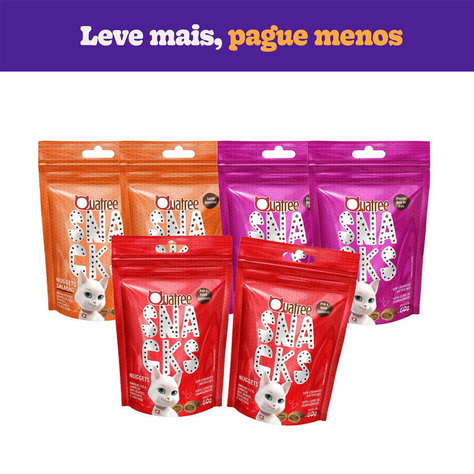Kit Snack Quatree para Gatos Adultos Sabor Salmão, Frango Pele e Pelo e Bola de Pelo - 6 Unidades
